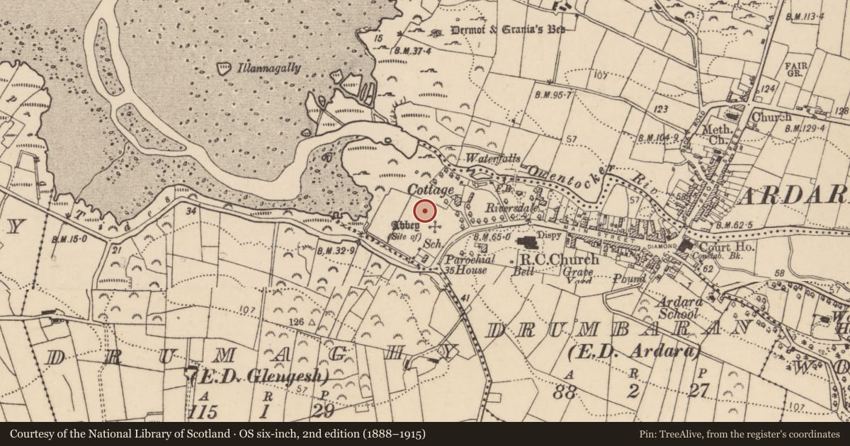 Ordnance Survey six-inch map, 2nd edition (1888–1915) covering the location of Ritual site - holy well, Drumbaran, County Donegal, with a pin at the register's coordinates