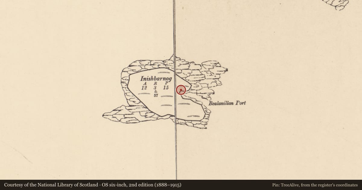 Ordnance Survey six-inch map, 2nd edition (1888–1915) covering the location of Burial, Inishbarnog, County Donegal, with a pin at the register's coordinates