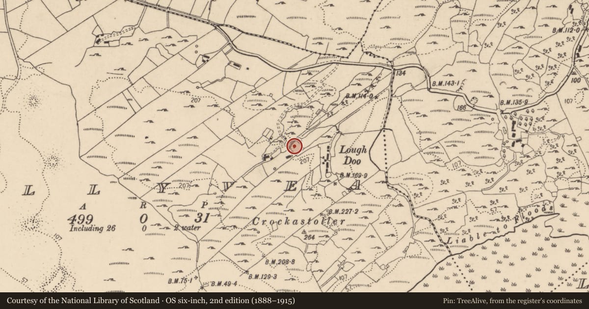 Ordnance Survey six-inch map, 2nd edition (1888–1915) covering the location of Hut site, Mullyvea, County Donegal, with a pin at the register's coordinates