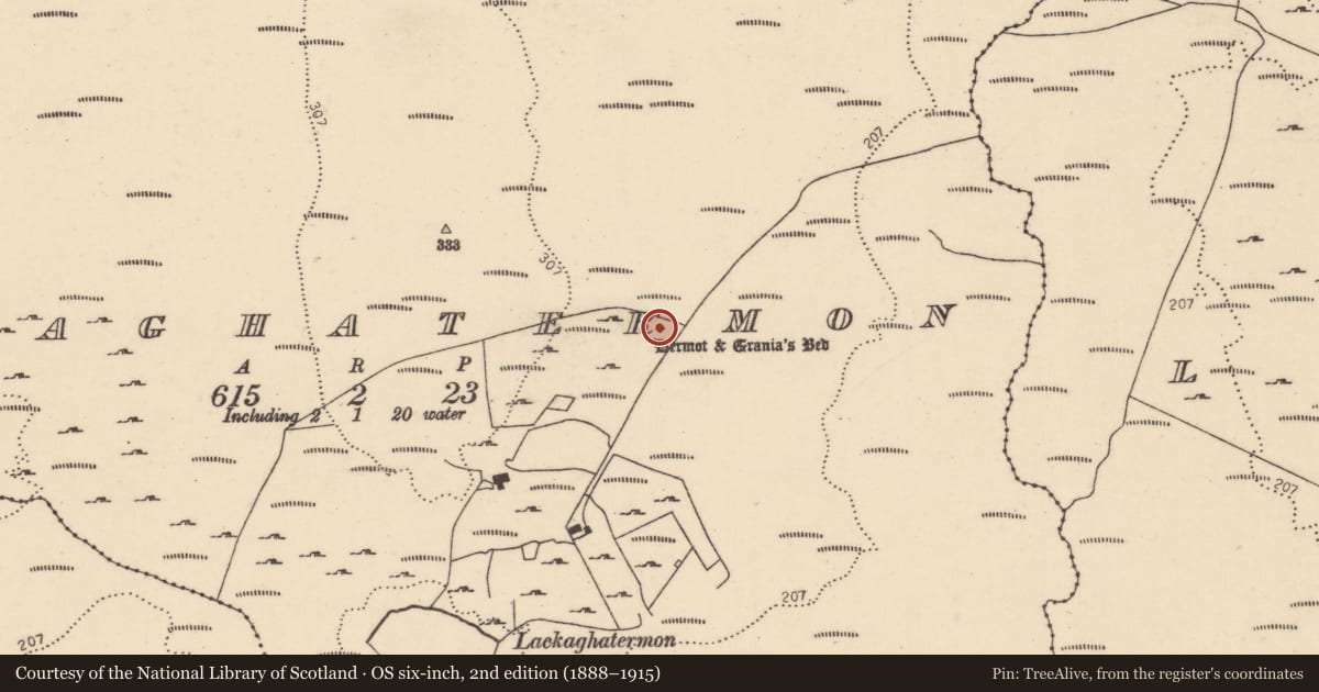 Ordnance Survey six-inch map, 2nd edition (1888–1915) covering the location of Megalithic tomb - portal tomb, Lackaghatermon, County Donegal, with a pin at the register's coordinates
