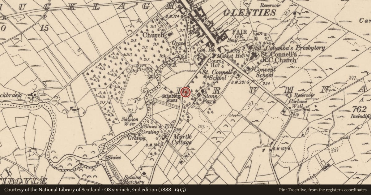 Ordnance Survey six-inch map, 2nd edition (1888–1915) covering the location of Standing stone, Drumnasillagh, County Donegal, with a pin at the register's coordinates