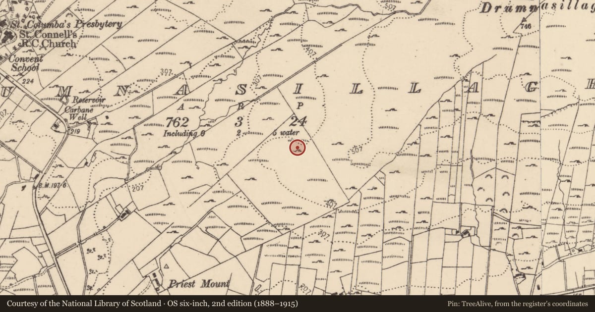 Ordnance Survey six-inch map, 2nd edition (1888–1915) covering the location of Promontory fort - inland, Drumnasillagh, County Donegal, with a pin at the register's coordinates