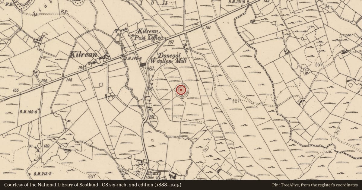 Ordnance Survey six-inch map, 2nd edition (1888–1915) covering the location of Souterrain, Kilrean Upper, County Donegal, with a pin at the register's coordinates