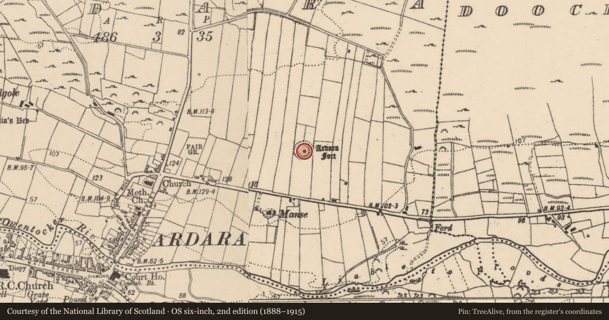 Ordnance Survey six-inch map, 2nd edition (1888–1915) covering the location of Ringfort - rath, Ardara, County Donegal, with a pin at the register's coordinates