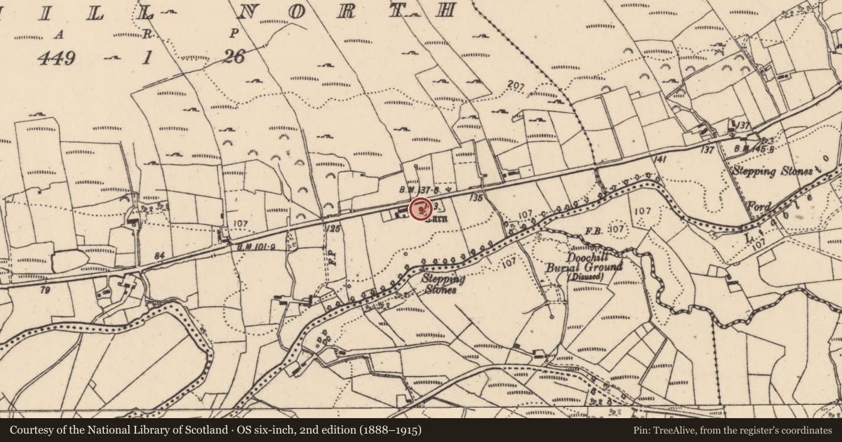 Ordnance Survey six-inch map, 2nd edition (1888–1915) covering the location of Megalithic tomb - court tomb, Doochill North, County Donegal, with a pin at the register's coordinates