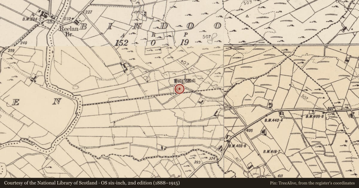 Ordnance Survey six-inch map, 2nd edition (1888–1915) covering the location of Ritual site - holy well, An Bhinn Dubh, County Donegal, with a pin at the register's coordinates
