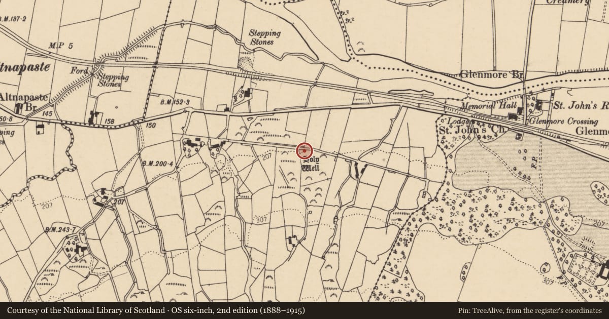 Ordnance Survey six-inch map, 2nd edition (1888–1915) covering the location of Ritual site - holy well, Meenagrauv, County Donegal, with a pin at the register's coordinates