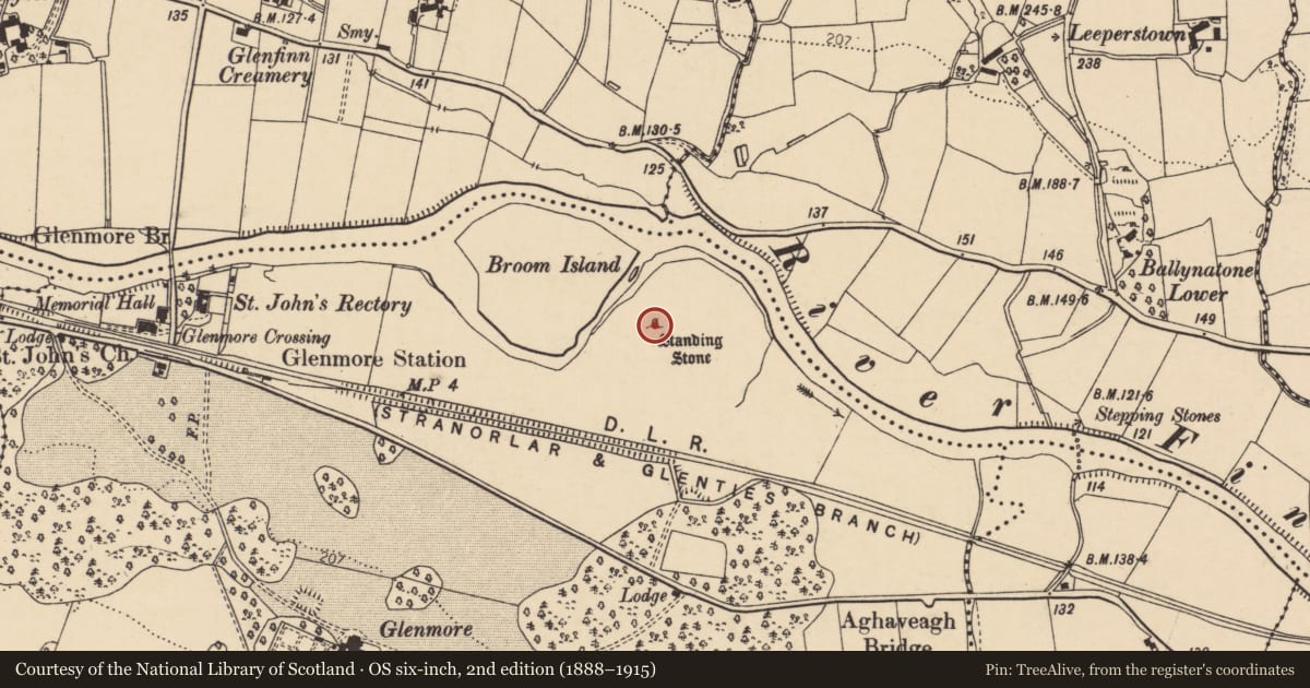 Ordnance Survey six-inch map, 2nd edition (1888–1915) covering the location of Standing stone, Aghaveagh, County Donegal, with a pin at the register's coordinates