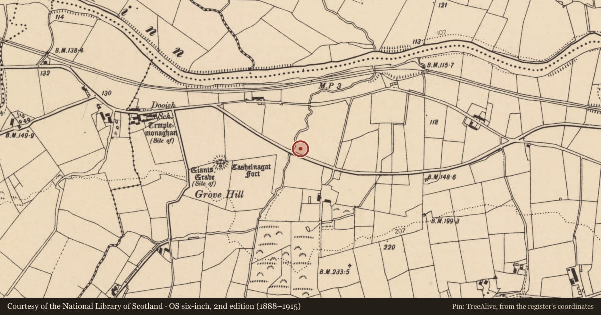 Ordnance Survey six-inch map, 2nd edition (1888–1915) covering the location of Enclosure, Dooish, County Donegal, with a pin at the register's coordinates