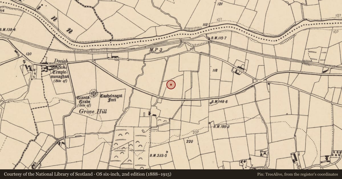 Ordnance Survey six-inch map, 2nd edition (1888–1915) covering the location of Ecclesiastical site, Dooish, County Donegal, with a pin at the register's coordinates