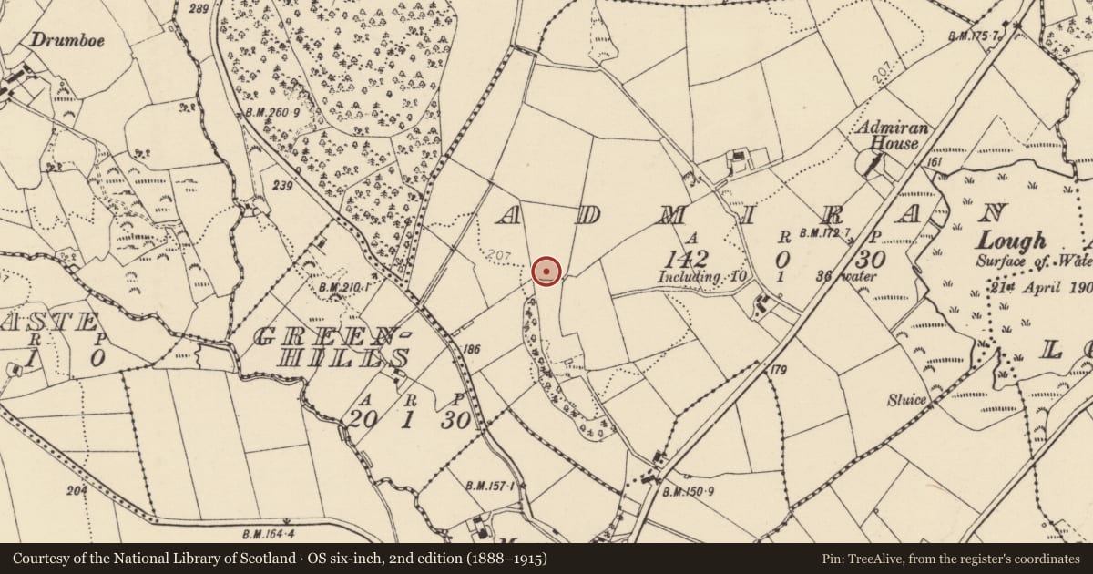 Ordnance Survey six-inch map, 2nd edition (1888–1915) covering the location of Ringfort - rath, Admiran, County Donegal, with a pin at the register's coordinates