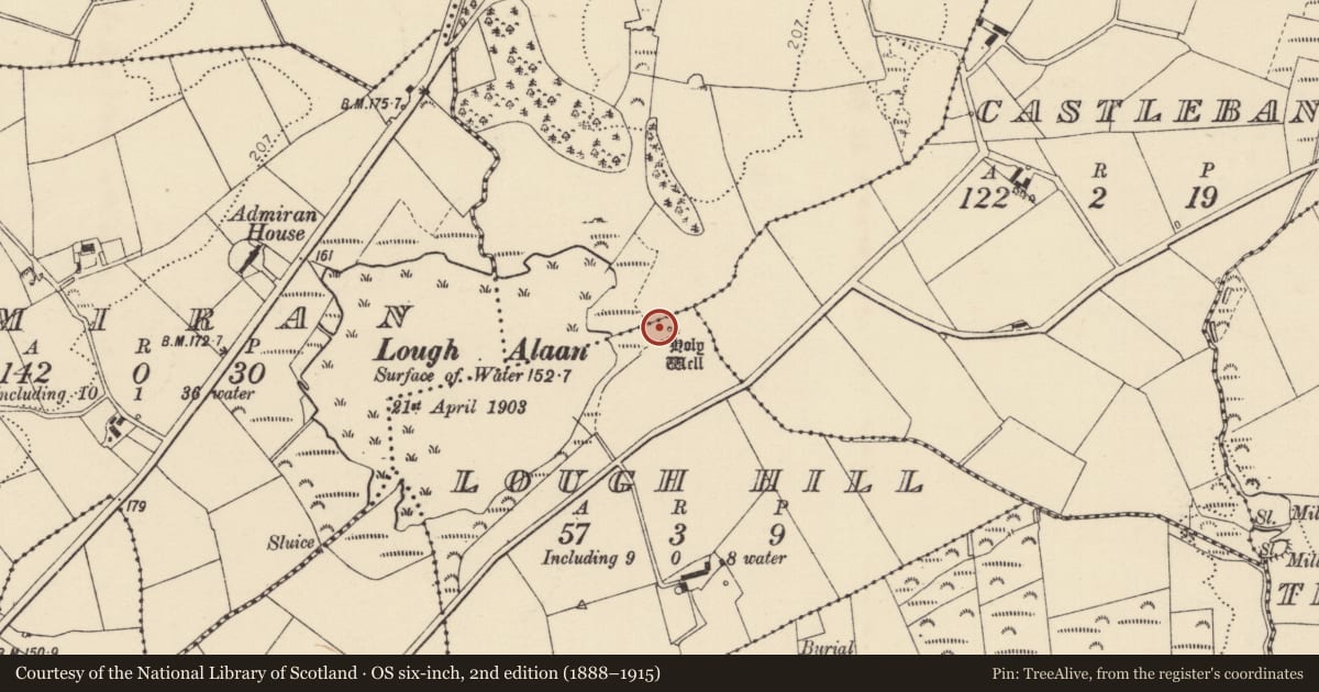 Ordnance Survey six-inch map, 2nd edition (1888–1915) covering the location of Ritual site - holy well, Lough Hill, County Donegal, with a pin at the register's coordinates