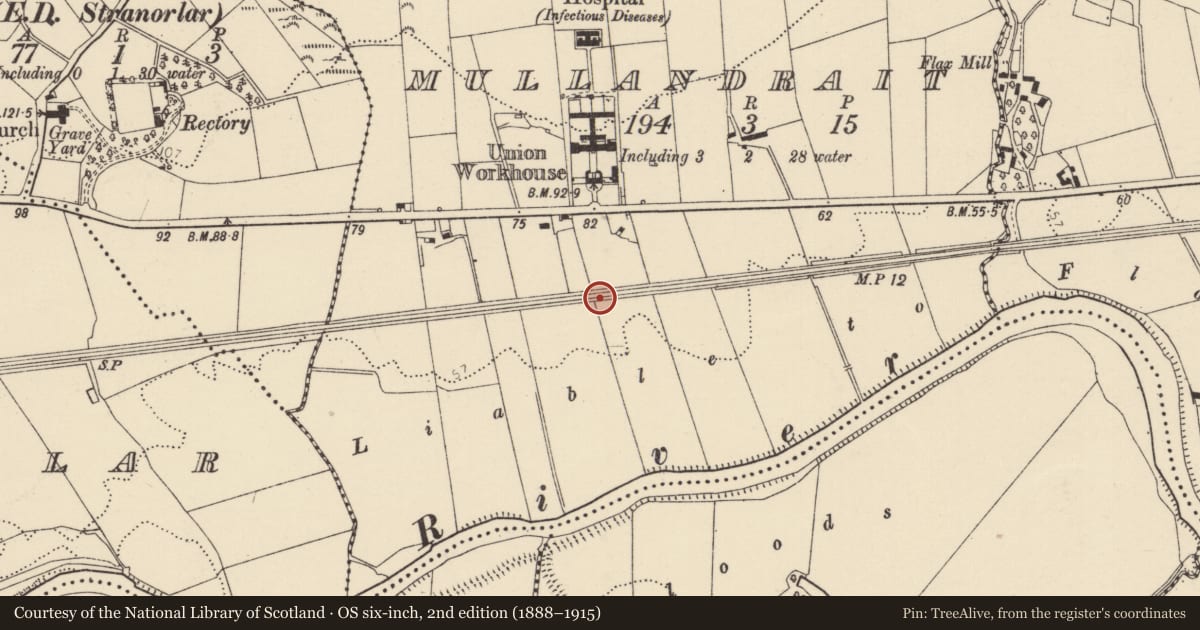 Ordnance Survey six-inch map, 2nd edition (1888–1915) covering the location of Ringfort - unclassified, Mullandrait, County Donegal, with a pin at the register's coordinates