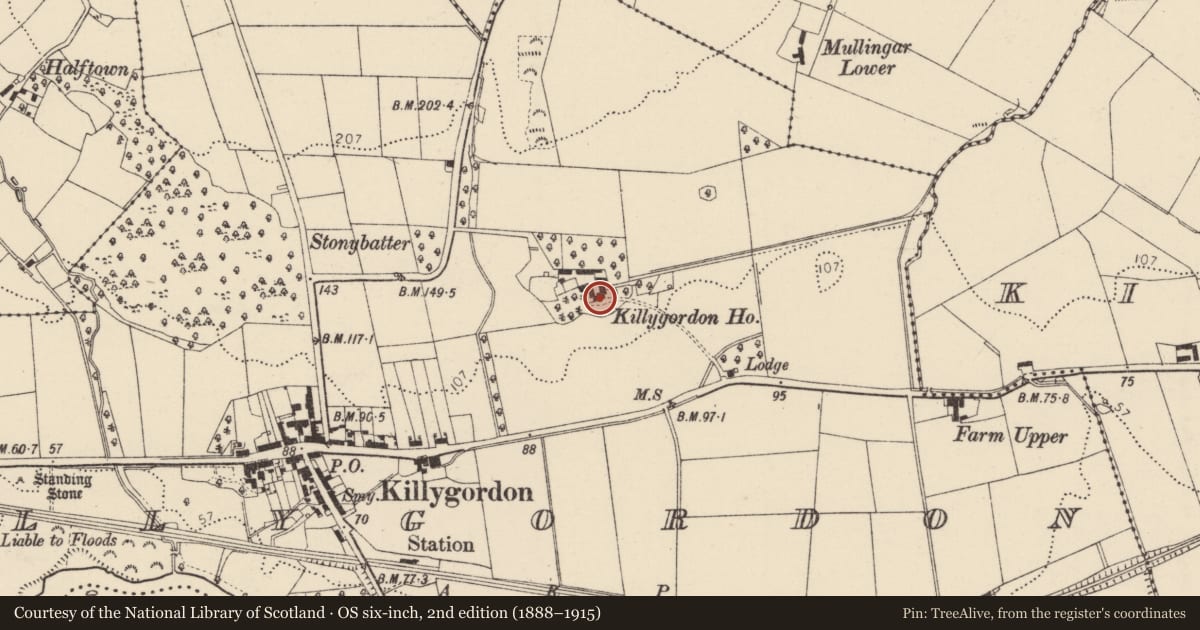 Ordnance Survey six-inch map, 2nd edition (1888–1915) covering the location of House - 17th century, Killygordon, County Donegal, with a pin at the register's coordinates