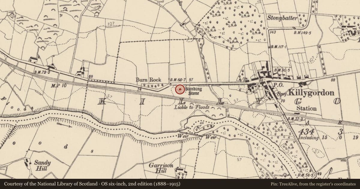 Ordnance Survey six-inch map, 2nd edition (1888–1915) covering the location of Standing stone, Killygordon, County Donegal, with a pin at the register's coordinates