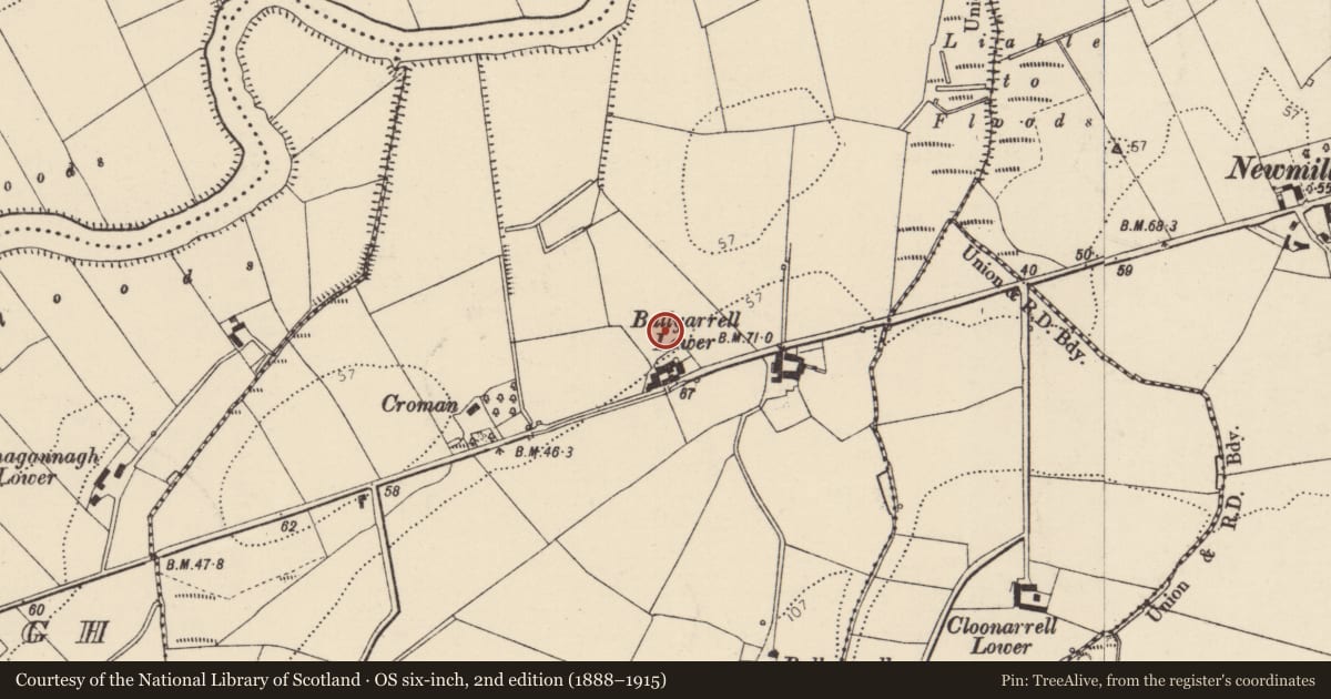 Ordnance Survey six-inch map, 2nd edition (1888–1915) covering the location of Burial, Ballyarrell, County Donegal, with a pin at the register's coordinates