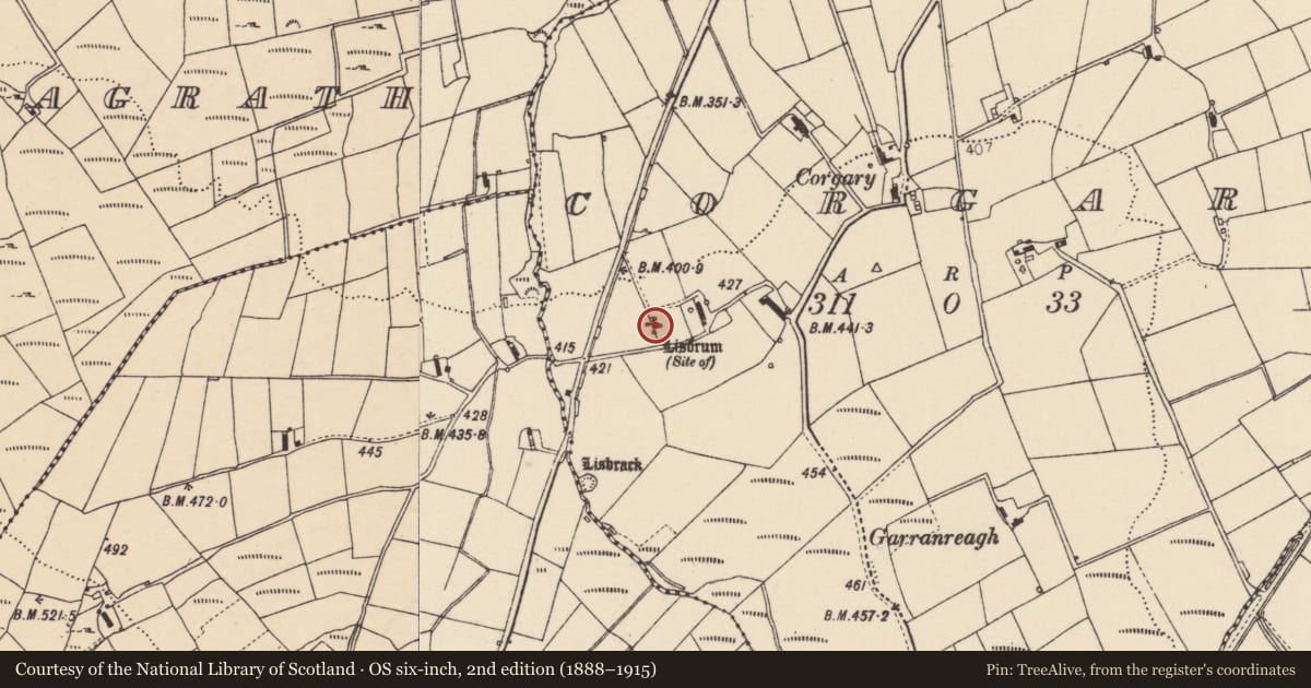 Ordnance Survey six-inch map, 2nd edition (1888–1915) covering the location of Ringfort - unclassified, Corgary, County Donegal, with a pin at the register's coordinates