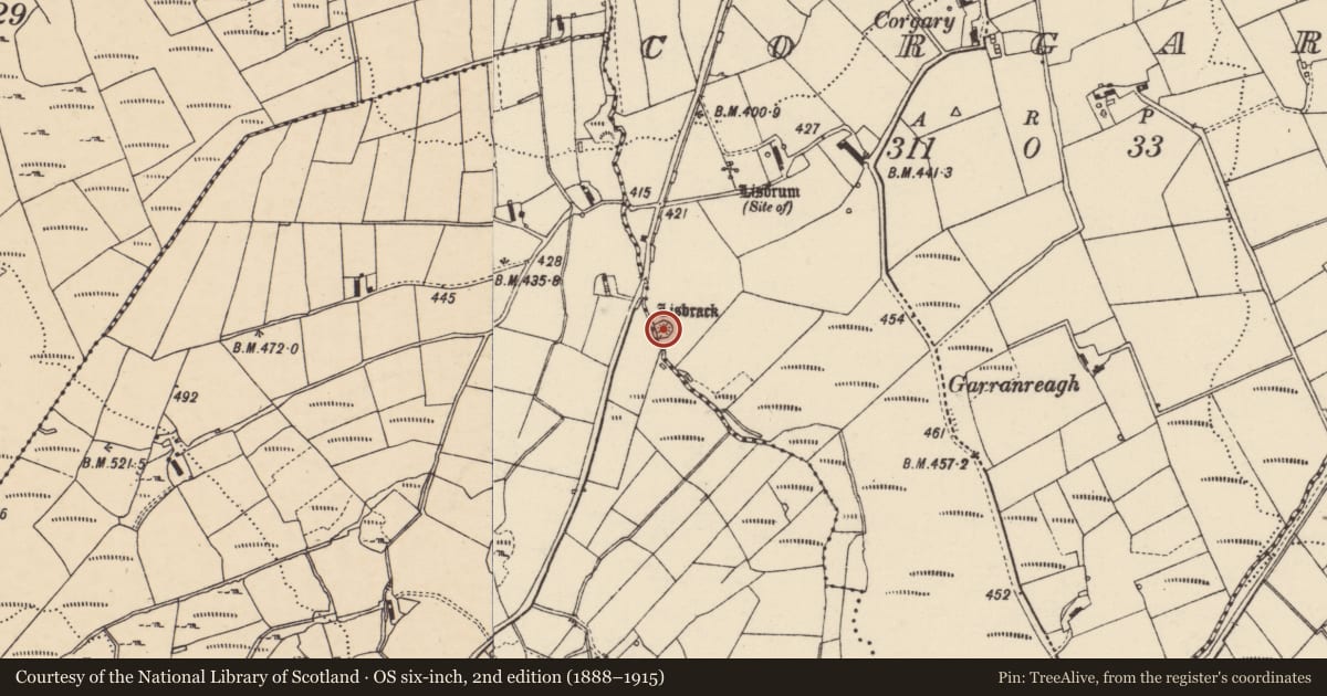 Ordnance Survey six-inch map, 2nd edition (1888–1915) covering the location of Ringfort - cashel, Corgary, County Donegal, with a pin at the register's coordinates