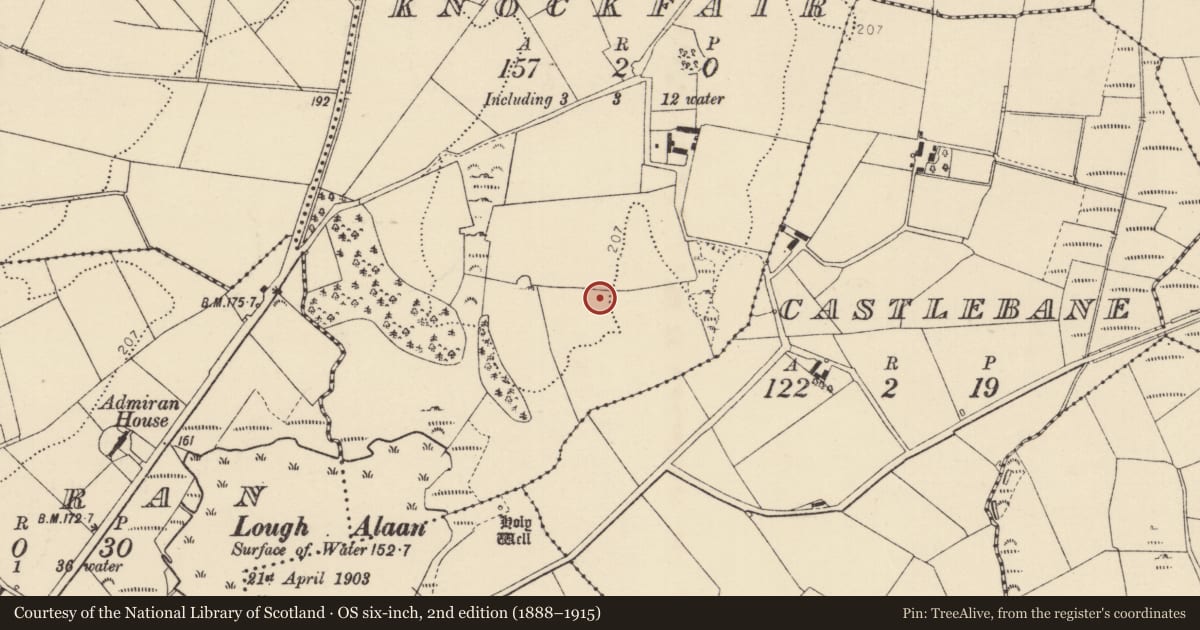Ordnance Survey six-inch map, 2nd edition (1888–1915) covering the location of Megalithic tomb - unclassified, Knockfair, County Donegal, with a pin at the register's coordinates