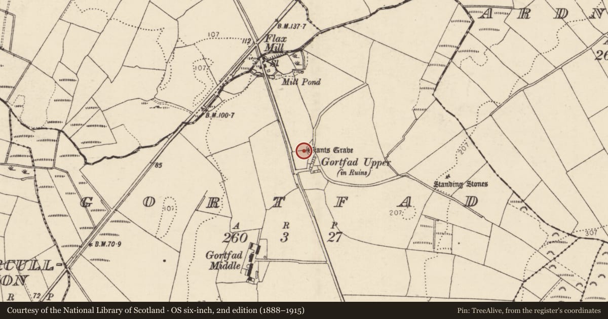 Ordnance Survey six-inch map, 2nd edition (1888–1915) covering the location of Megalithic tomb - passage tomb, Gortfad, County Donegal, with a pin at the register's coordinates