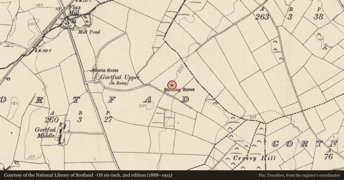 Ordnance Survey six-inch map, 2nd edition (1888–1915) covering the location of Megalithic tomb - portal tomb, Gortfad, County Donegal, with a pin at the register's coordinates