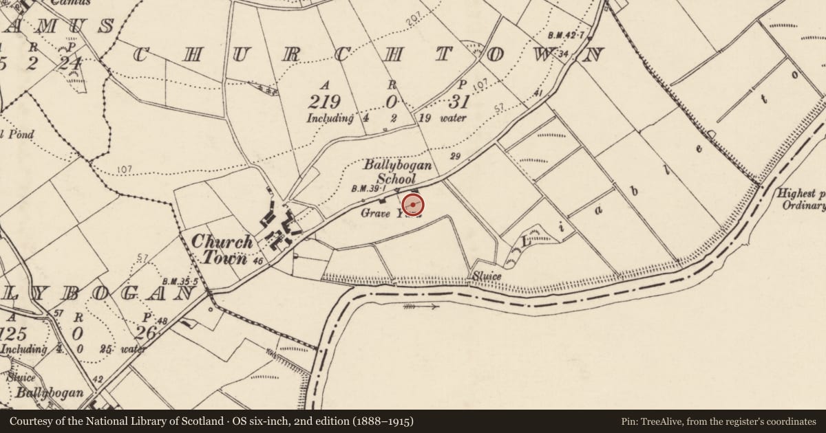 Ordnance Survey six-inch map, 2nd edition (1888–1915) covering the location of Graveyard, Churchtown, County Donegal, with a pin at the register's coordinates
