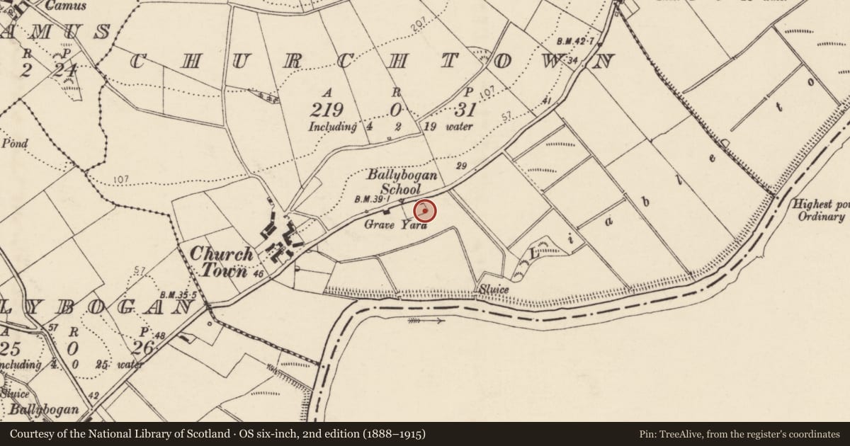 Ordnance Survey six-inch map, 2nd edition (1888–1915) covering the location of Church, Churchtown, County Donegal, with a pin at the register's coordinates