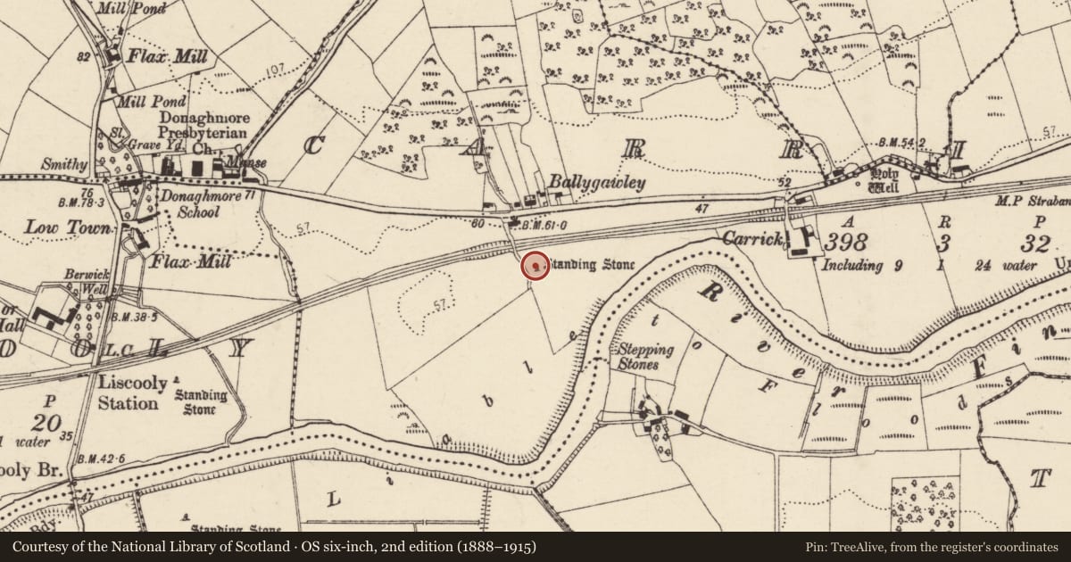 Ordnance Survey six-inch map, 2nd edition (1888–1915) covering the location of Standing stone, Carrick, County Donegal, with a pin at the register's coordinates