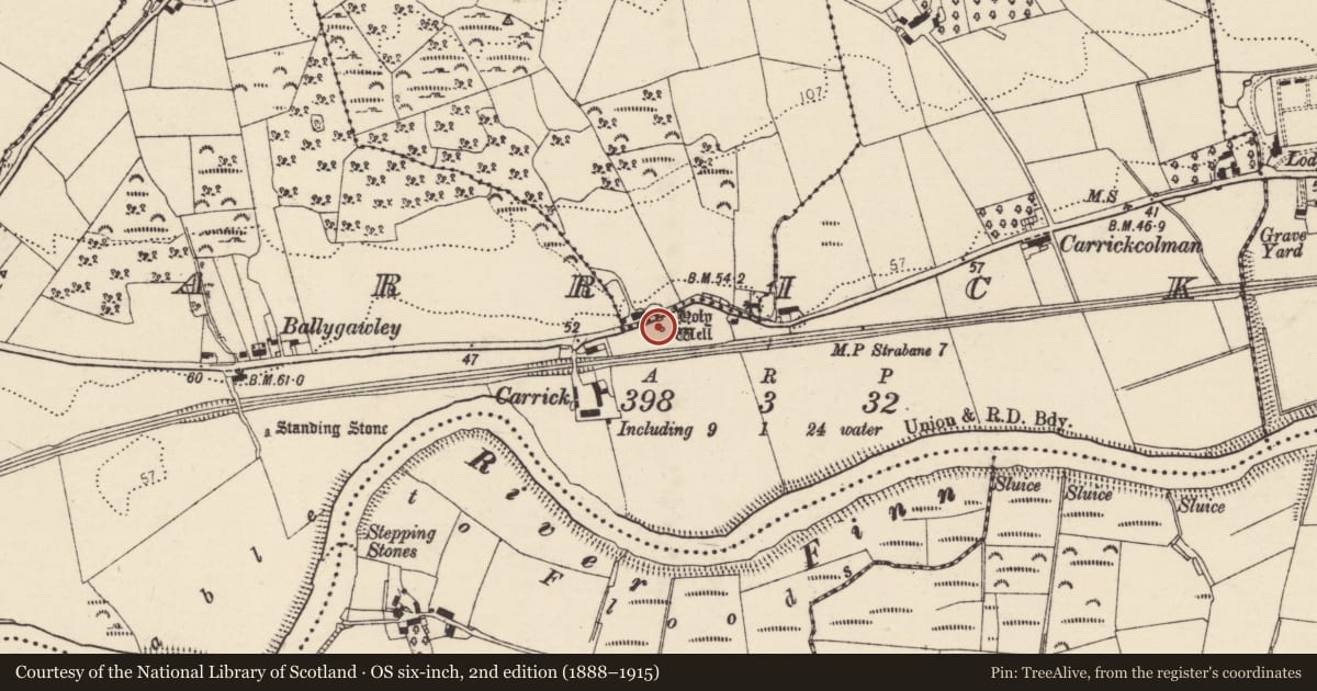 Ordnance Survey six-inch map, 2nd edition (1888–1915) covering the location of Ritual site - holy well, Carrick, County Donegal, with a pin at the register's coordinates