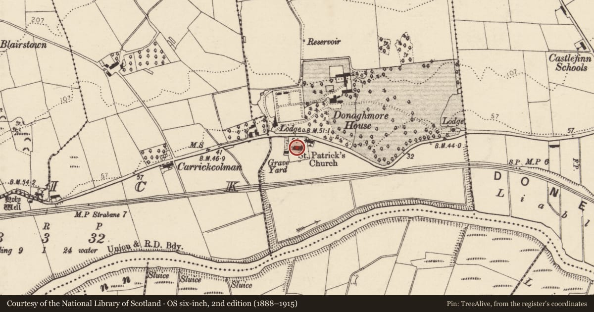 Ordnance Survey six-inch map, 2nd edition (1888–1915) covering the location of Church, Donaghmore Glebe, County Donegal, with a pin at the register's coordinates