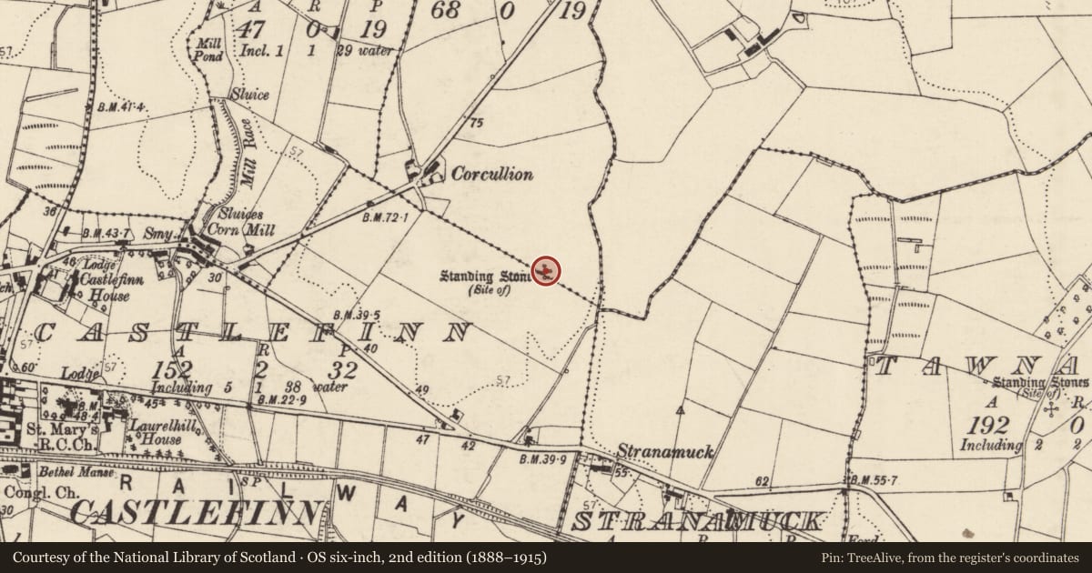 Ordnance Survey six-inch map, 2nd edition (1888–1915) covering the location of Standing stone, Corcullion, County Donegal, with a pin at the register's coordinates