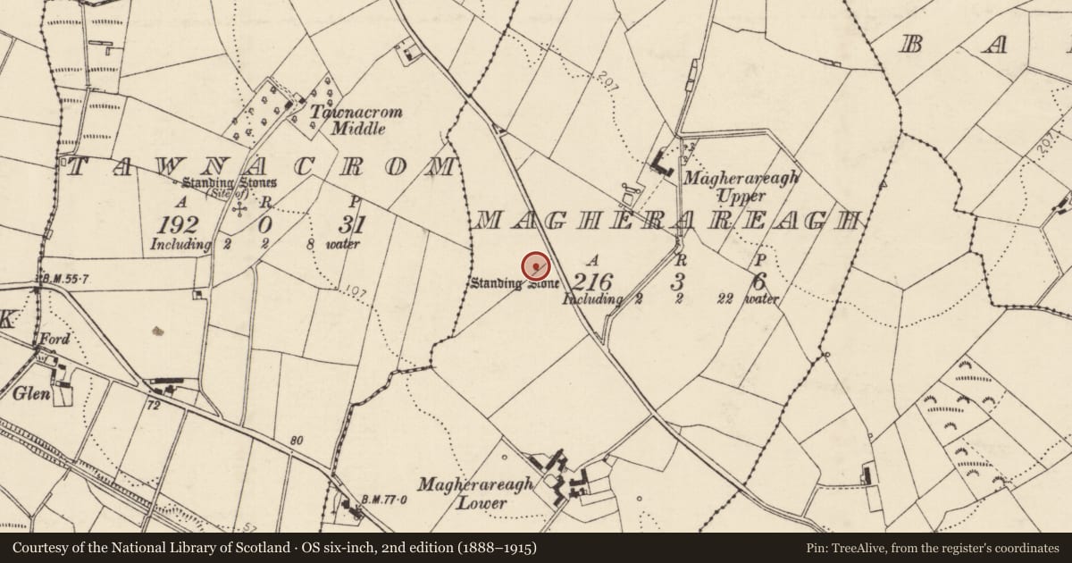 Ordnance Survey six-inch map, 2nd edition (1888–1915) covering the location of Standing stone, Magherareagh, County Donegal, with a pin at the register's coordinates