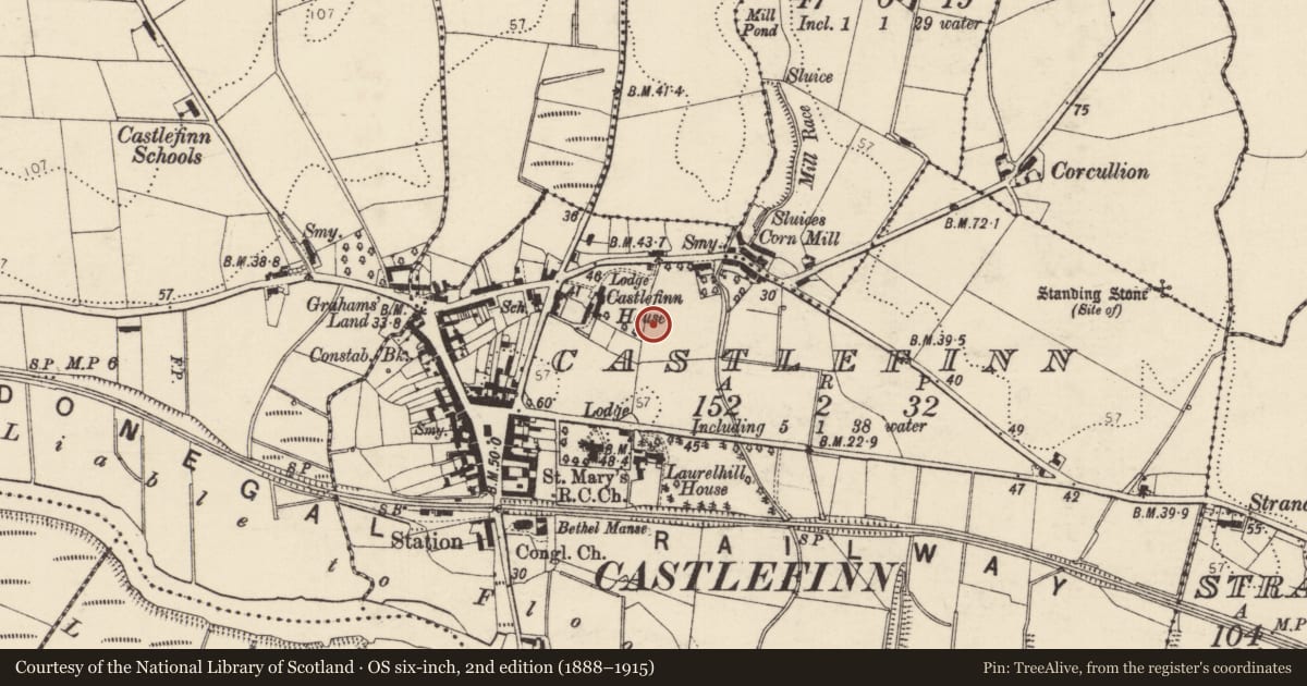 Ordnance Survey six-inch map, 2nd edition (1888–1915) covering the location of Bawn, Castlefinn, County Donegal, with a pin at the register's coordinates