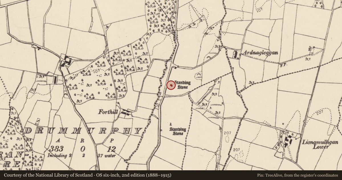 Ordnance Survey six-inch map, 2nd edition (1888–1915) covering the location of Standing stone, Dungorman, County Donegal, with a pin at the register's coordinates