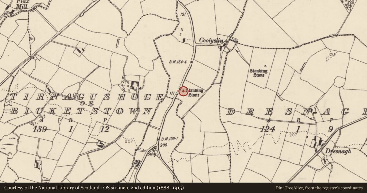 Ordnance Survey six-inch map, 2nd edition (1888–1915) covering the location of Standing stone, Coolyslin, County Donegal, with a pin at the register's coordinates