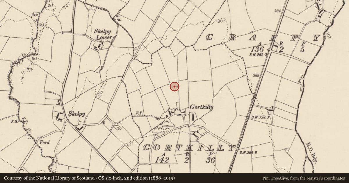 Ordnance Survey six-inch map, 2nd edition (1888–1915) covering the location of Ringfort - unclassified, Gortkilly, County Donegal, with a pin at the register's coordinates