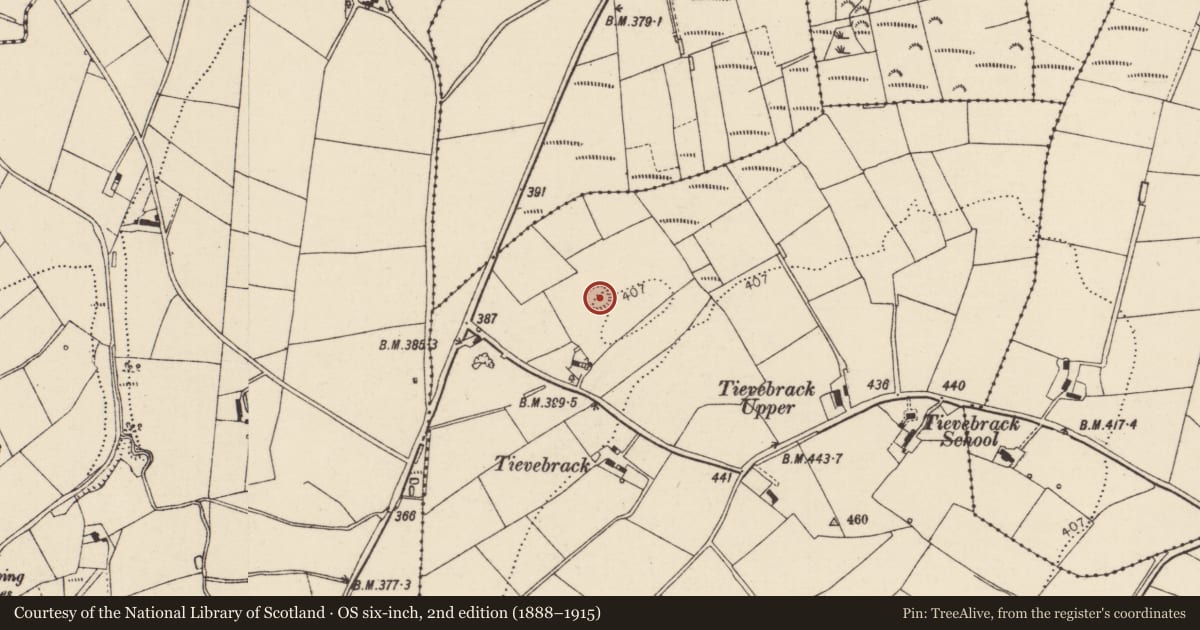 Ordnance Survey six-inch map, 2nd edition (1888–1915) covering the location of Ringfort - unclassified, Tievebrack, County Donegal, with a pin at the register's coordinates