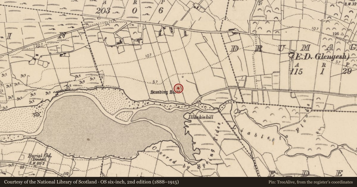Ordnance Survey six-inch map, 2nd edition (1888–1915) covering the location of Standing stone, Kinnoghty, County Donegal, with a pin at the register's coordinates