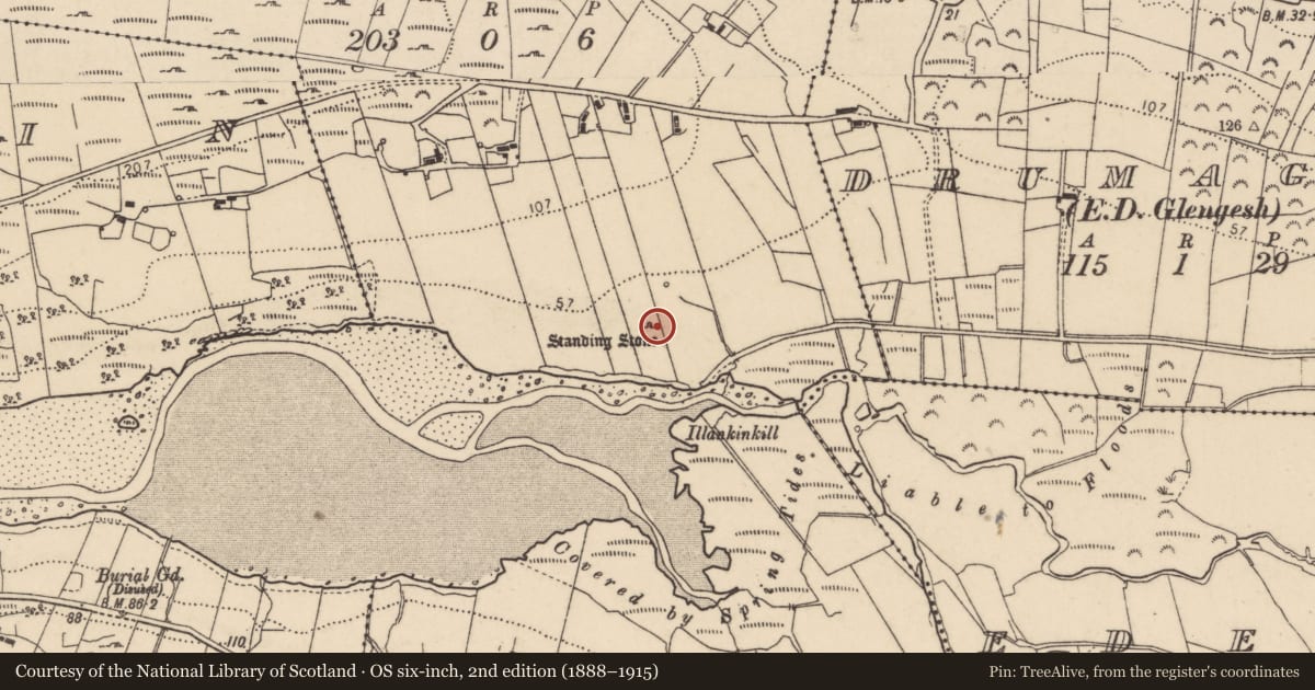 Ordnance Survey six-inch map, 2nd edition (1888–1915) covering the location of Standing stone, Kinnoghty, County Donegal, with a pin at the register's coordinates
