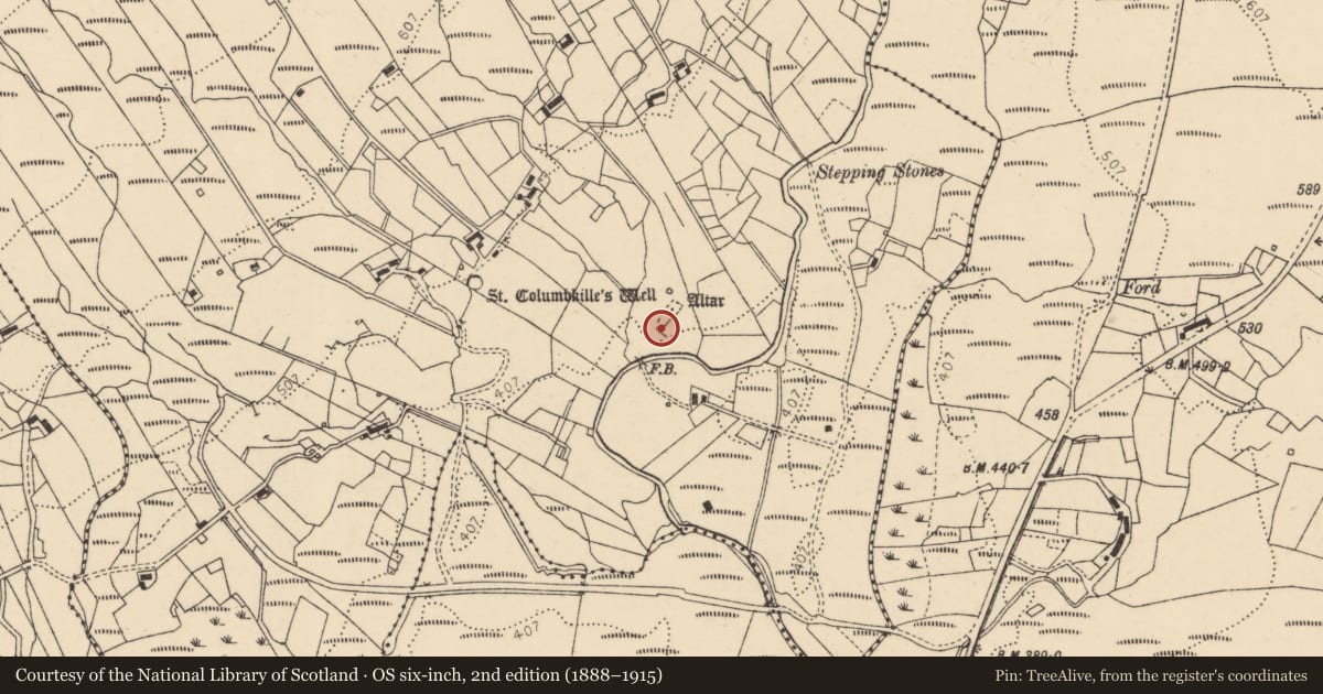 Ordnance Survey six-inch map, 2nd edition (1888–1915) covering the location of Penitential station, Disert, County Donegal, with a pin at the register's coordinates