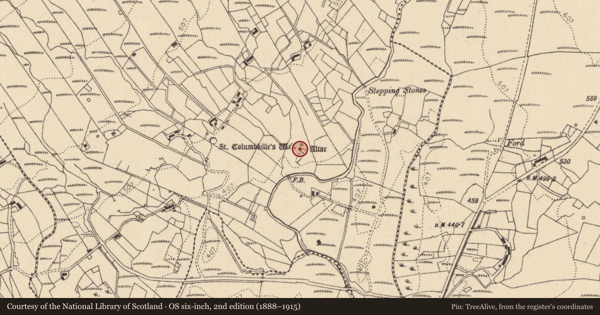 Ordnance Survey six-inch map, 2nd edition (1888–1915) covering the location of Penitential station, Disert, County Donegal, with a pin at the register's coordinates