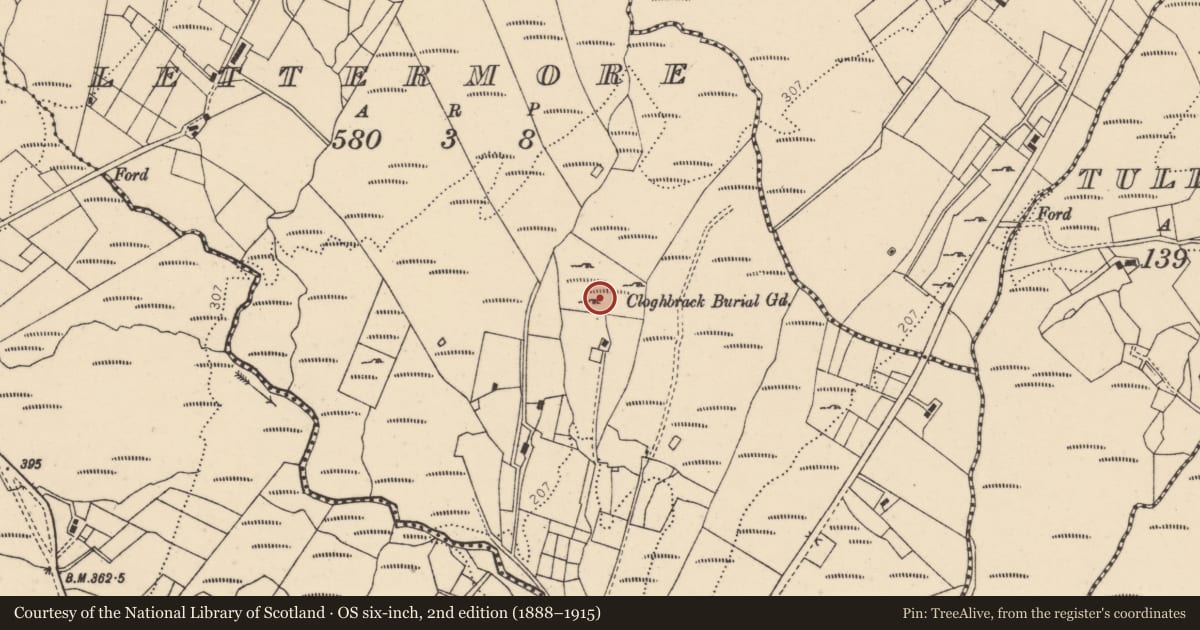 Ordnance Survey six-inch map, 2nd edition (1888–1915) covering the location of Burial ground, Lettermore, County Donegal, with a pin at the register's coordinates