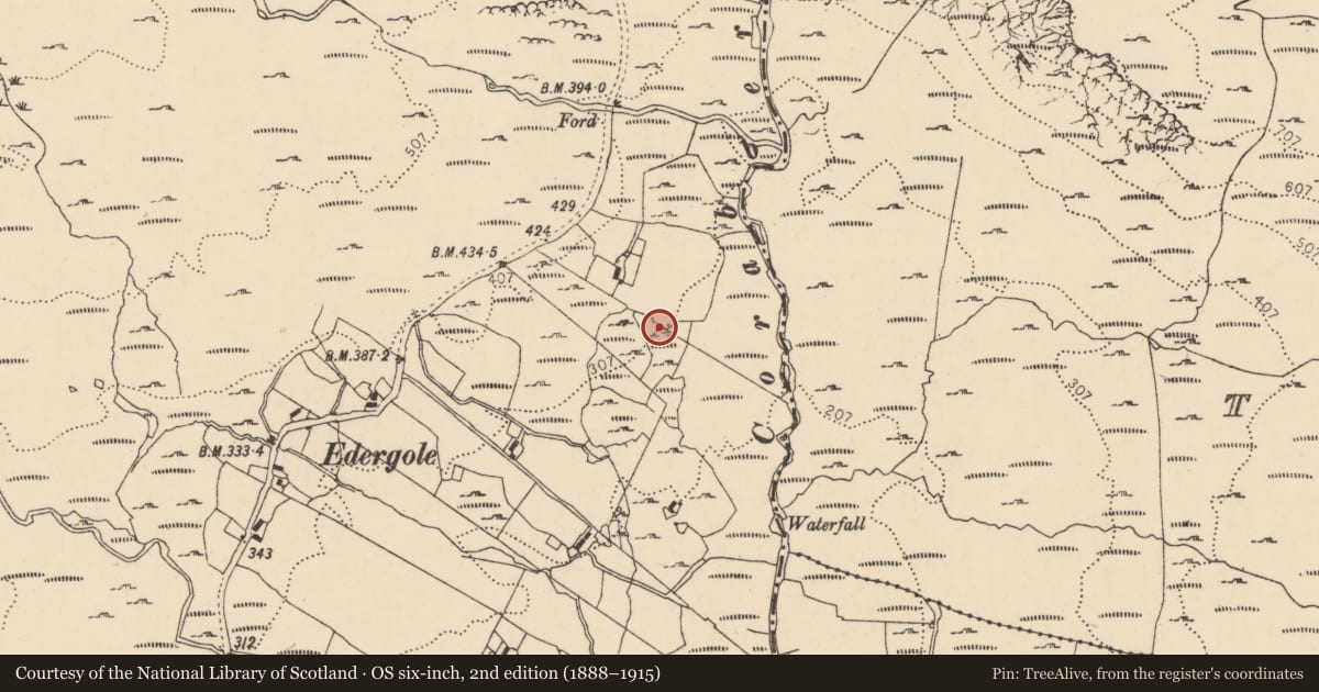 Ordnance Survey six-inch map, 2nd edition (1888–1915) covering the location of Booley hut, Edergole, County Donegal, with a pin at the register's coordinates