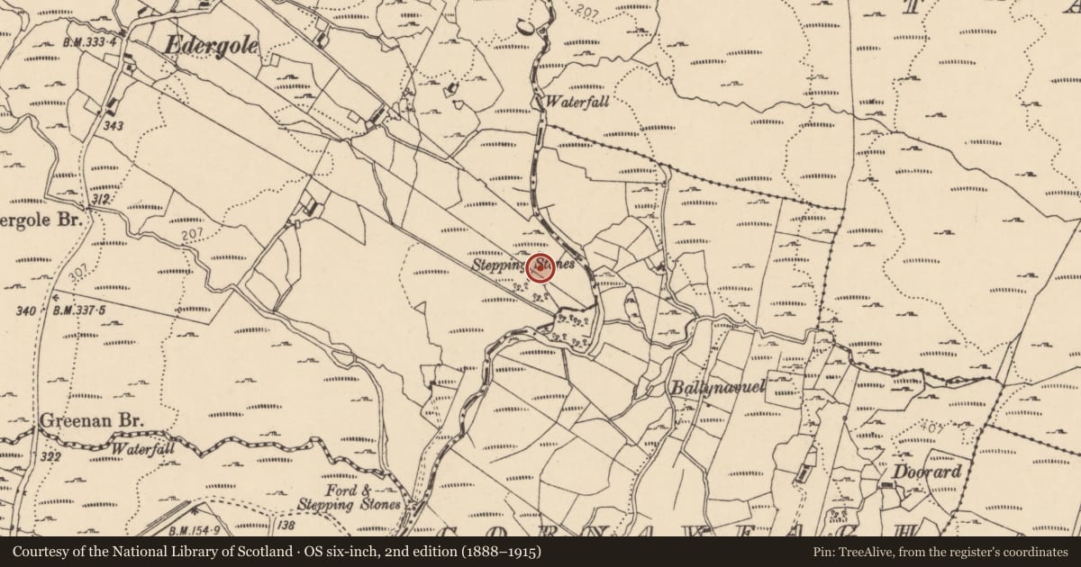 Ordnance Survey six-inch map, 2nd edition (1888–1915) covering the location of Settlement cluster, Edergole, County Donegal, with a pin at the register's coordinates