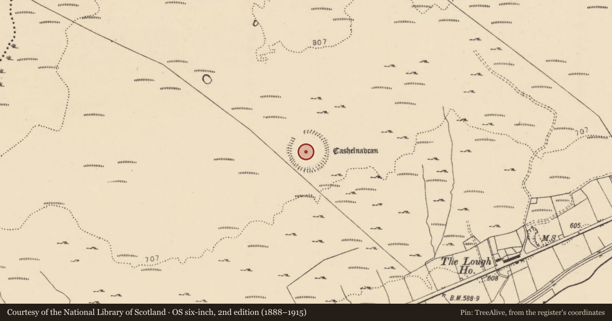 Ordnance Survey six-inch map, 2nd edition (1888–1915) covering the location of Hilltop enclosure, Cashelnavean, County Donegal, with a pin at the register's coordinates