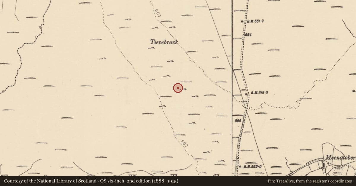 Ordnance Survey six-inch map, 2nd edition (1888–1915) covering the location of Enclosure, Tievecloghoge, County Donegal, with a pin at the register's coordinates