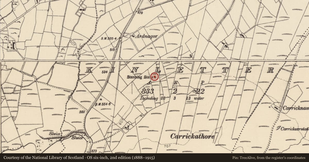 Ordnance Survey six-inch map, 2nd edition (1888–1915) covering the location of Standing stone, Kinletter, County Donegal, with a pin at the register's coordinates