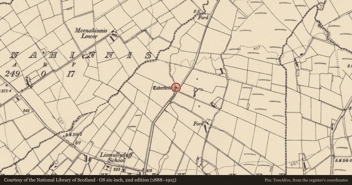Ordnance Survey six-inch map, 2nd edition (1888–1915) covering the location of Ritual site - holy well, Lismullyduff, County Donegal, with a pin at the register's coordinates