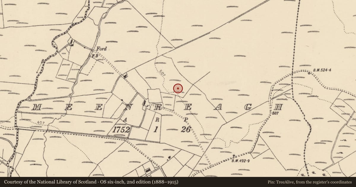 Ordnance Survey six-inch map, 2nd edition (1888–1915) covering the location of Enclosure, Meenreagh, County Donegal, with a pin at the register's coordinates