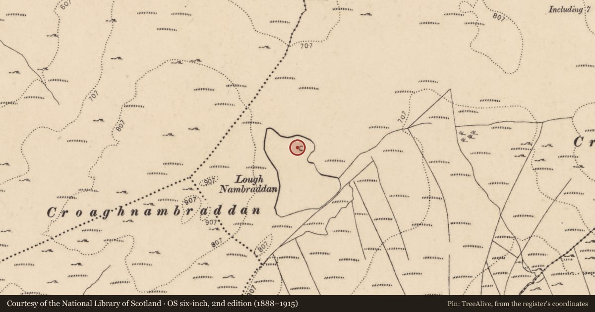 Ordnance Survey six-inch map, 2nd edition (1888–1915) covering the location of Crannog, Loch Na Mbradán, County Donegal, with a pin at the register's coordinates